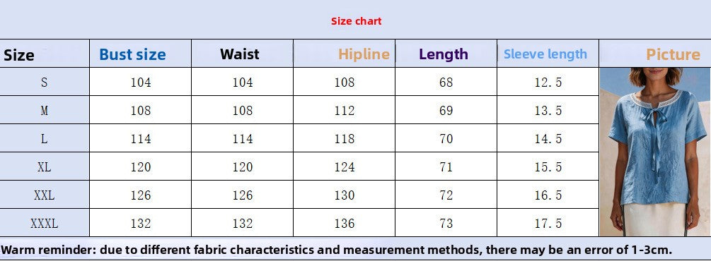 Elegant Bow Tie Short Sleeve T-shirt For Women Featuring Lace Craft And Tie Placket