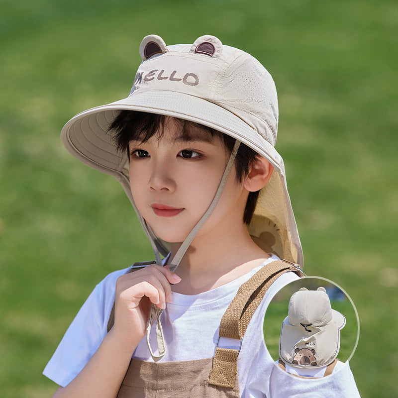 Children's Unisex Cartoon Style Bucket Hat In Khaki Nylon, Comfortable And Durable Kids Hat