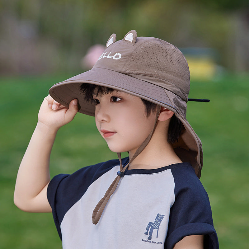Children's Unisex Cartoon Style Bucket Hat In Khaki Nylon, Comfortable And Durable Kids Hat