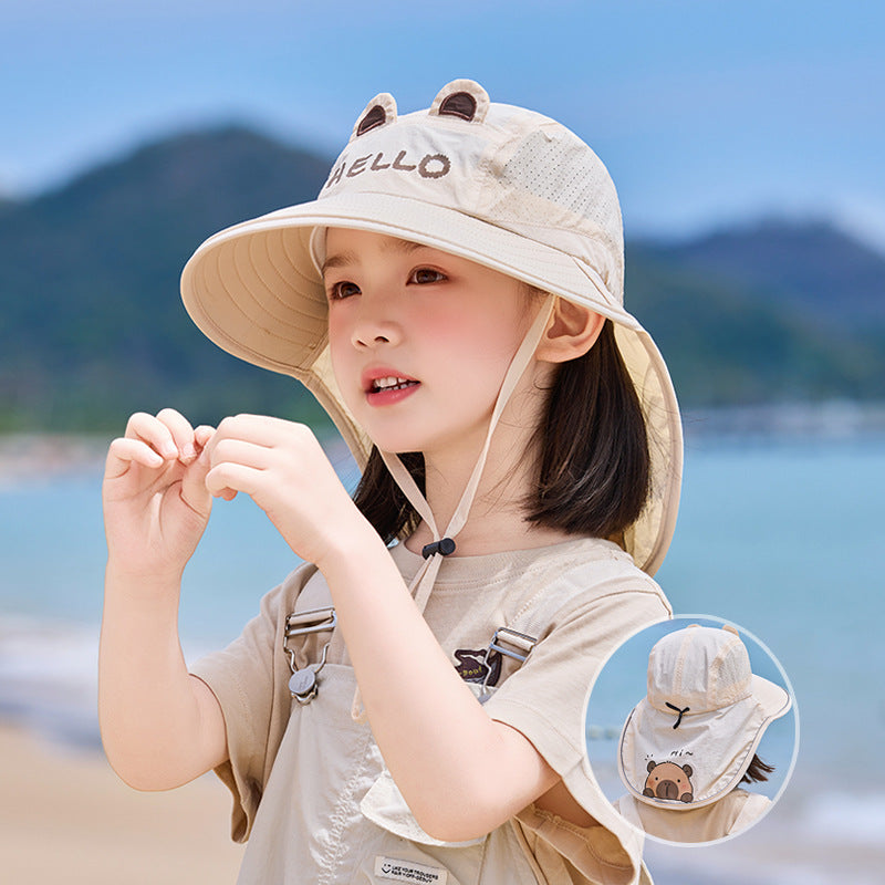 Children's Unisex Cartoon Style Bucket Hat In Khaki Nylon, Comfortable And Durable Kids Hat