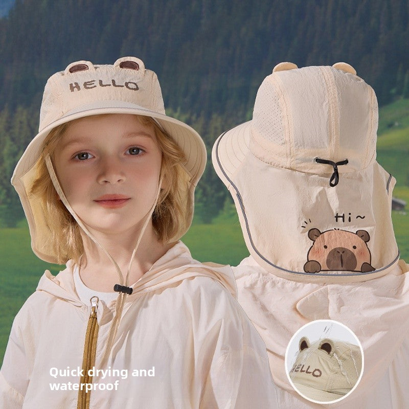 Children's Unisex Cartoon Style Bucket Hat In Khaki, Made Of Durable Nylon