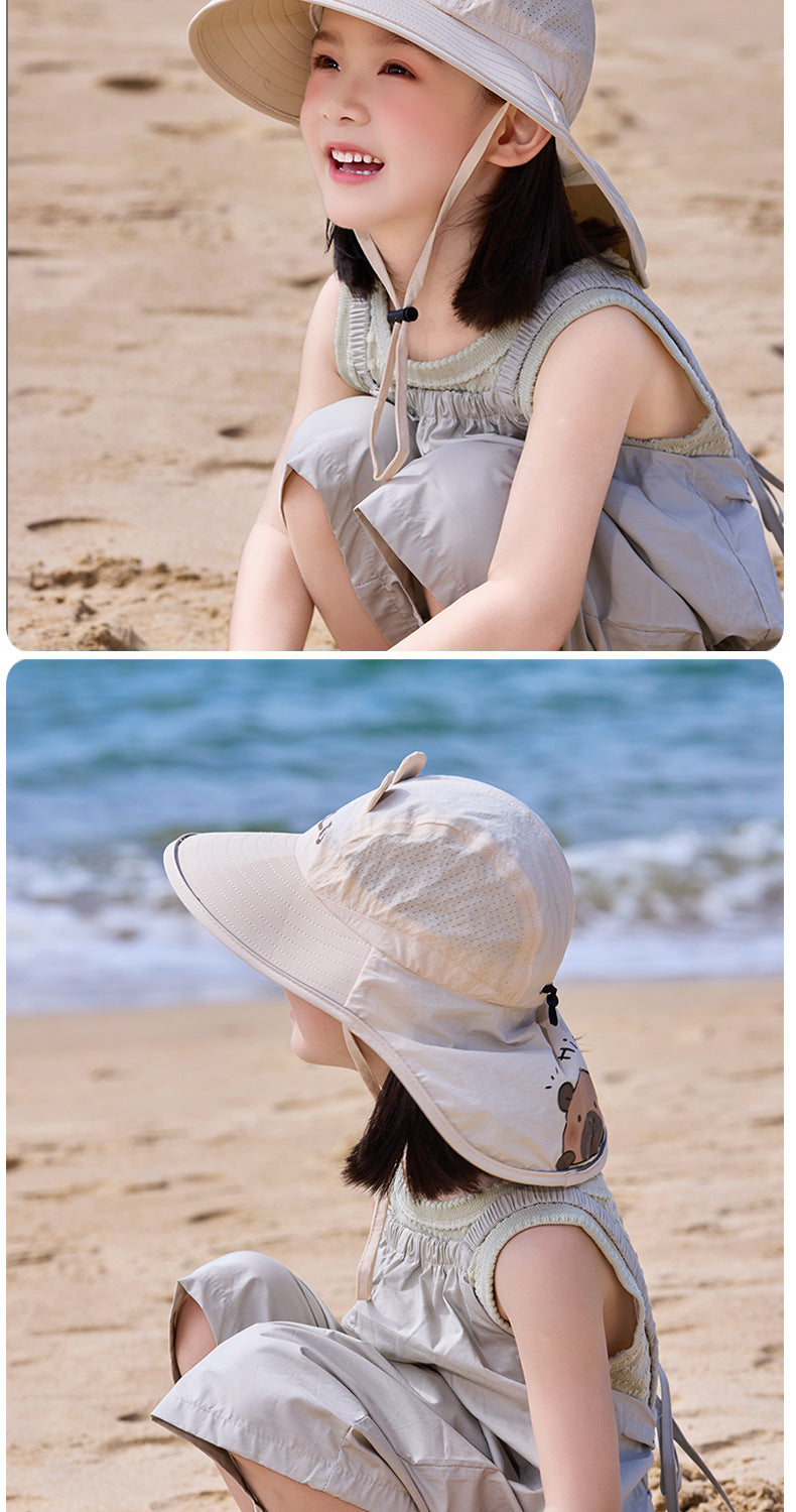 Children's Unisex Cartoon Style Bucket Hat In Khaki Nylon, Comfortable And Durable Kids Hat