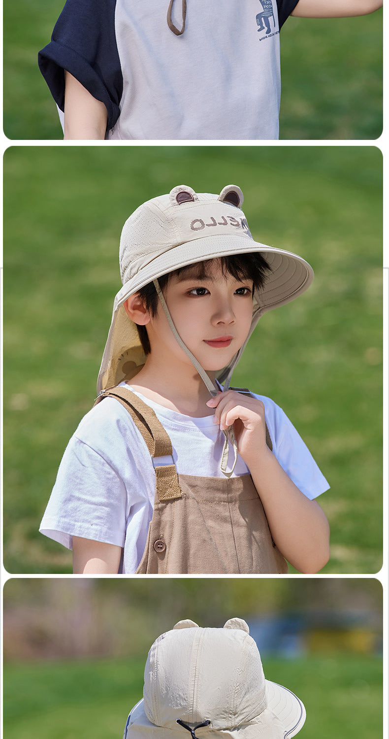 Children's Unisex Cartoon Style Bucket Hat In Khaki Nylon, Comfortable And Durable Kids Hat