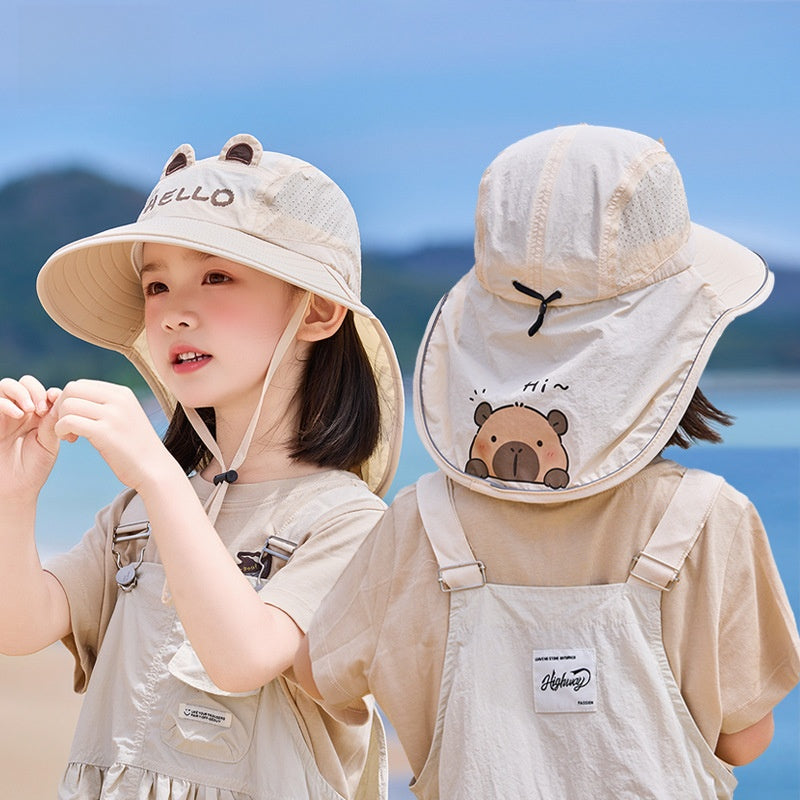 Children's Unisex Cartoon Style Bucket Hat In Khaki Nylon, Comfortable And Durable Kids Hat