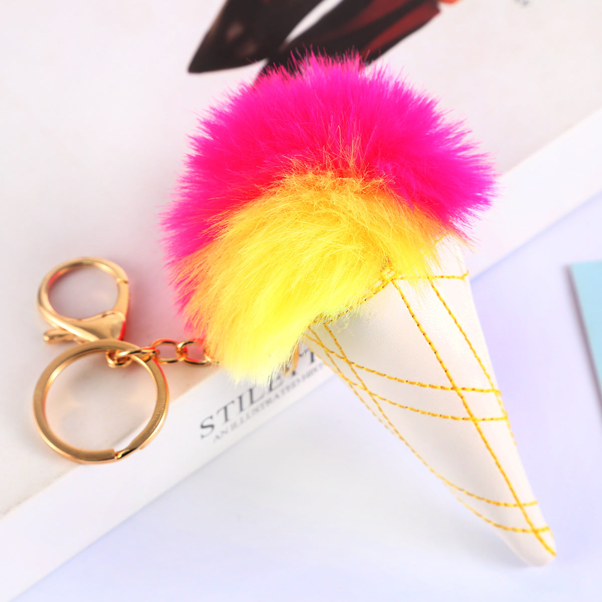 Ice Cream Bag Charm In Faux Rabbit Fur, Cute Bag Pendant Accessory