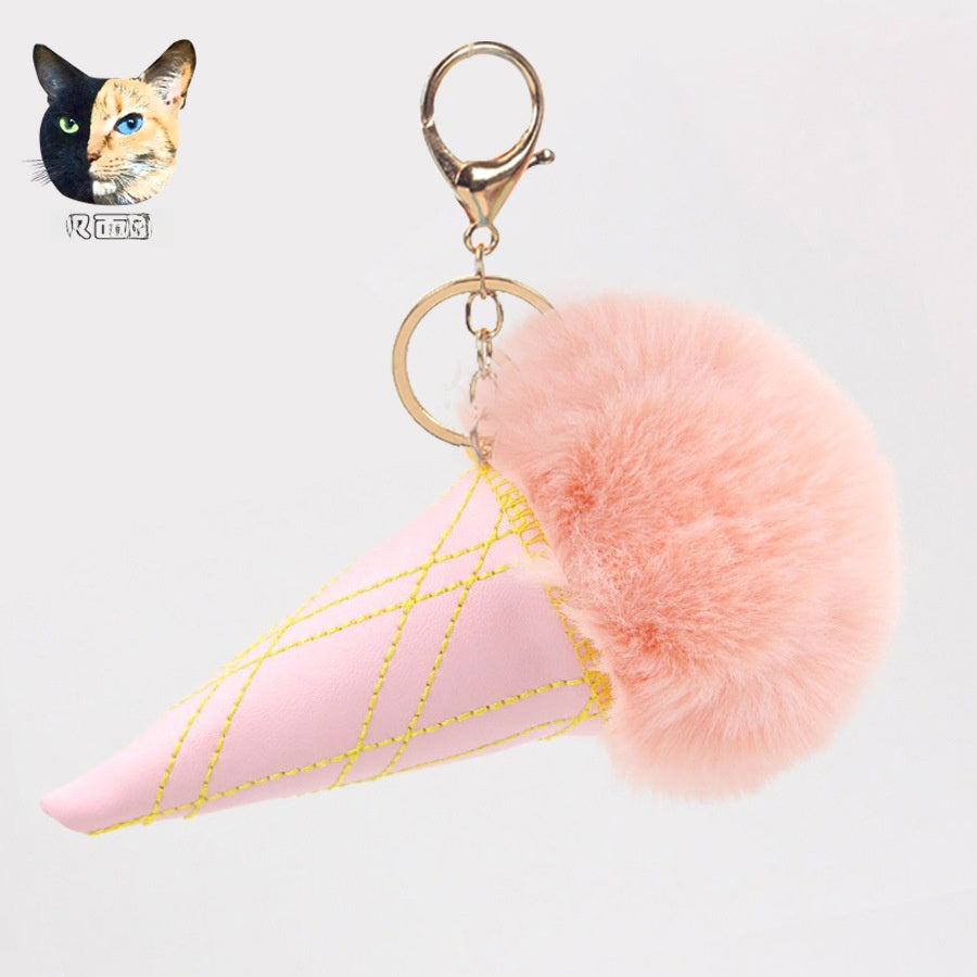 Ice Cream Bag Charm In Faux Rabbit Fur, Cute Bag Pendant Accessory