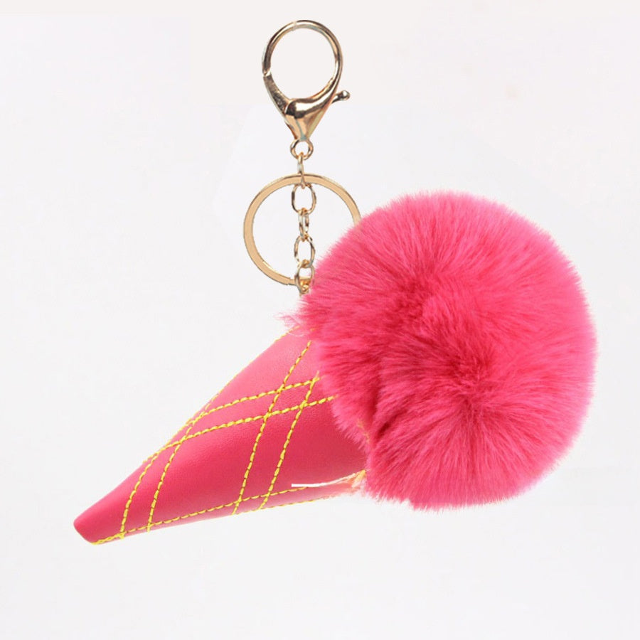 Ice Cream Bag Charm In Faux Rabbit Fur, Cute Bag Pendant Accessory