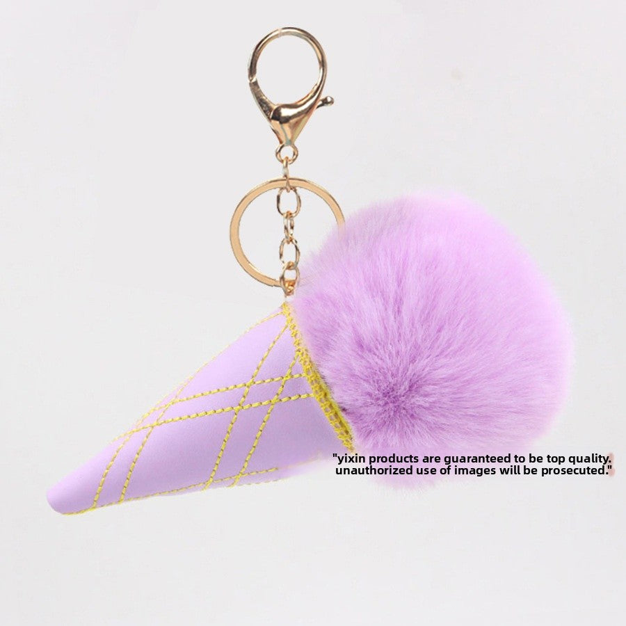 Ice Cream Bag Charm In Faux Rabbit Fur, Cute Bag Pendant Accessory