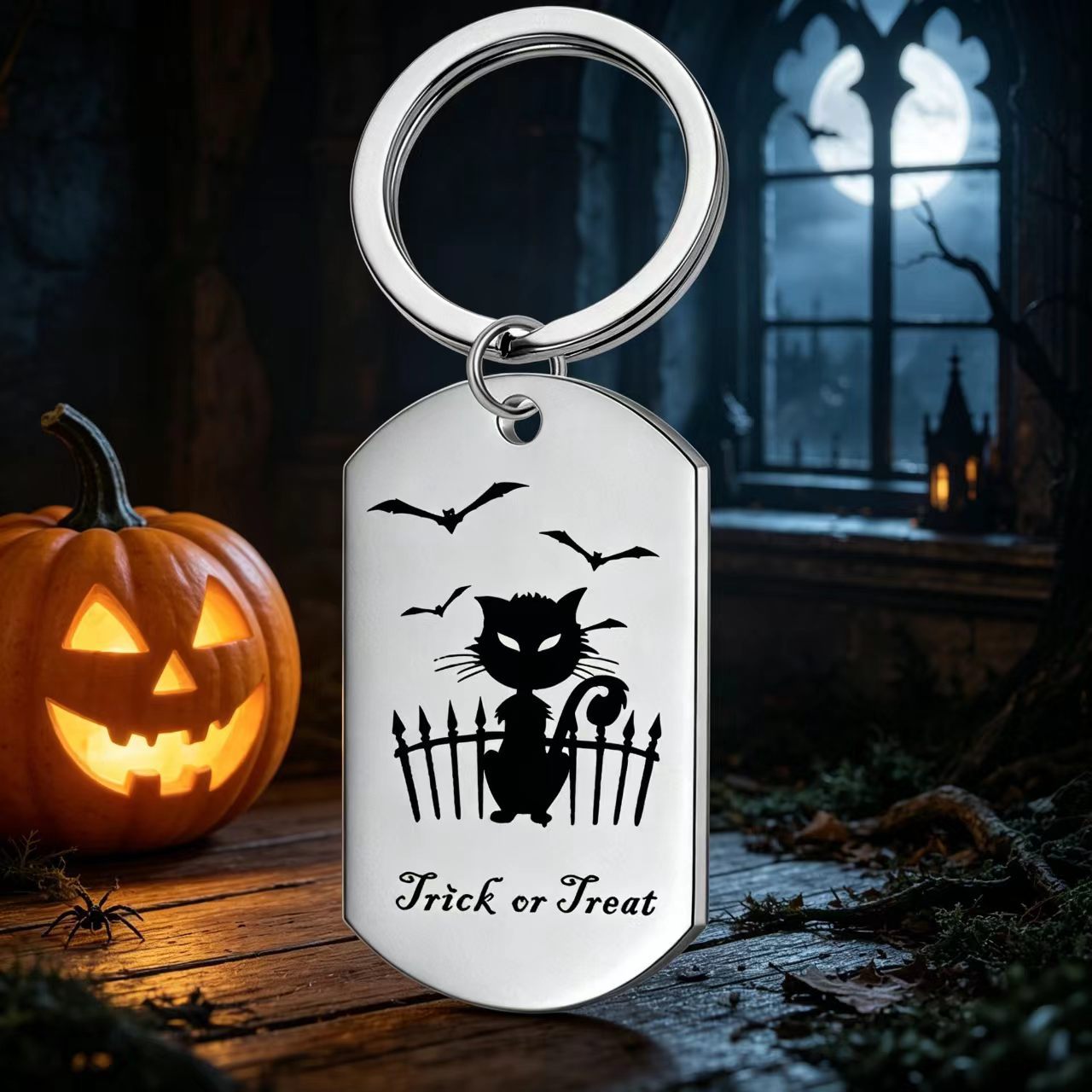 Halloween Cat Key Chain In Dyed Black Metal, Perfect Accessory For Your Keys