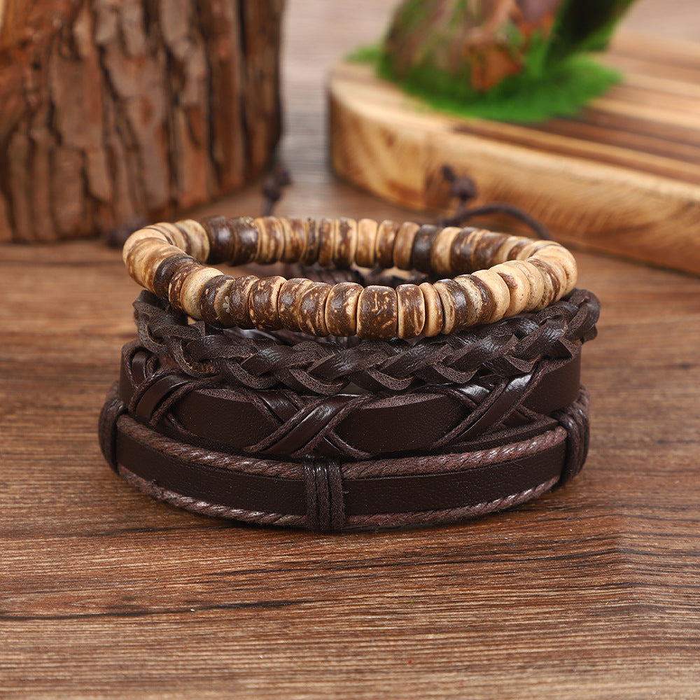 Geometric Maillard Style Unisex Bracelets Featuring Pu Leather Rope With Braid Woven Chain Design