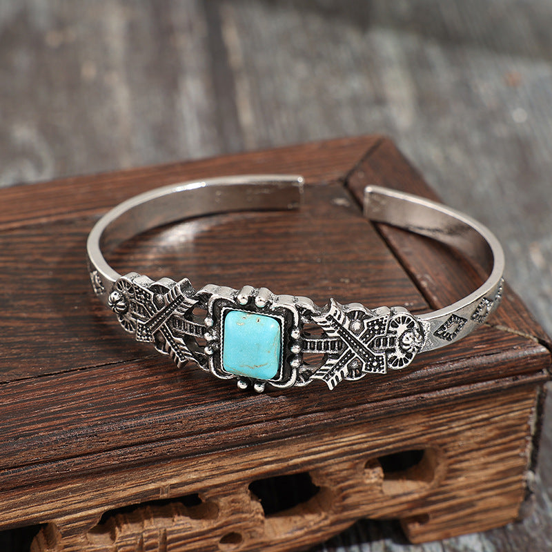 Bohemian Silver Alloy Bangle For Women Featuring Carved Flowers And Turquoise Inlay
