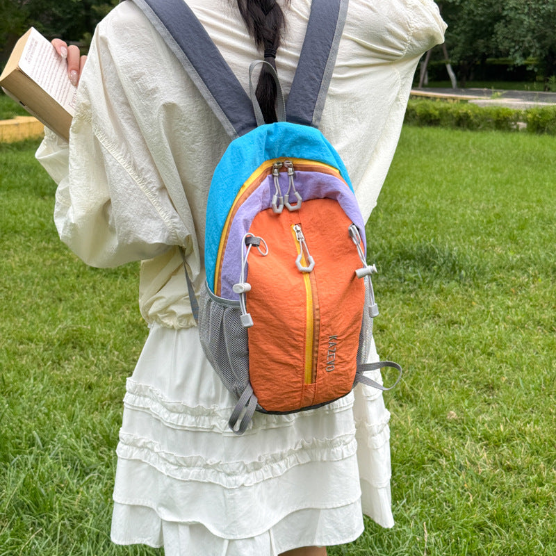 Color Block Nylon Hiking Backpack With Sewing Thread Detail, Breathable Design, 12 Inch Size For Summer