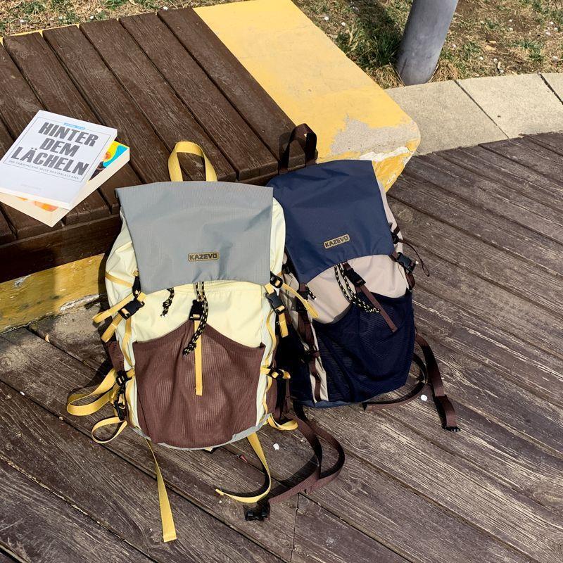 Color Block Hiking Backpack With Sewing Thread Detail, Lightweight 14 Inch Casual Summer Bag