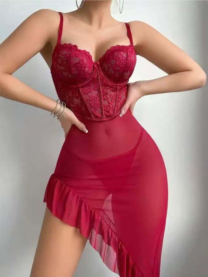 Elegant Black Lace V-neck Sleepwear Set Women's Sensual Chemise European Style Home Comfortable Underwear Polyester Mesh Fabric