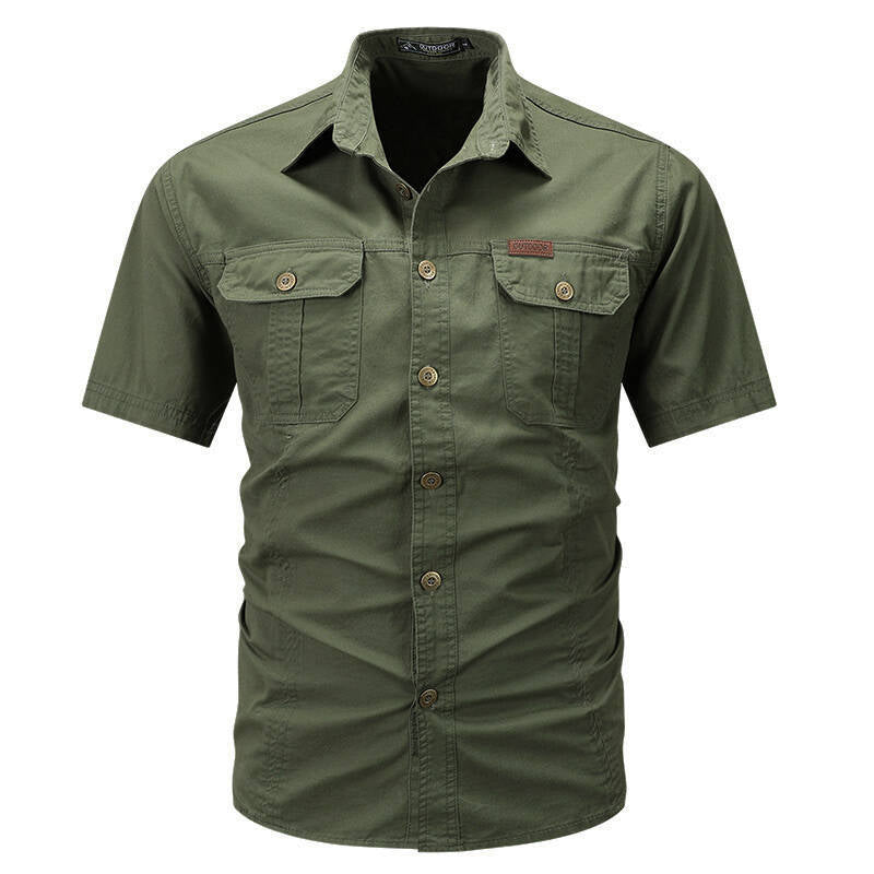 Solid Color Short Sleeve Cotton Blouse For Men In Simple Style With Placket
