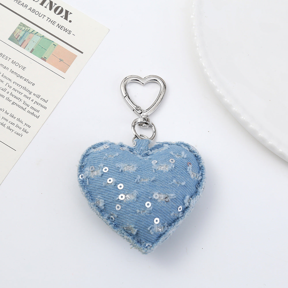 Heart Shape Christmas Key Chain Bag Charm In Denim Material, Perfect Holiday Accessory