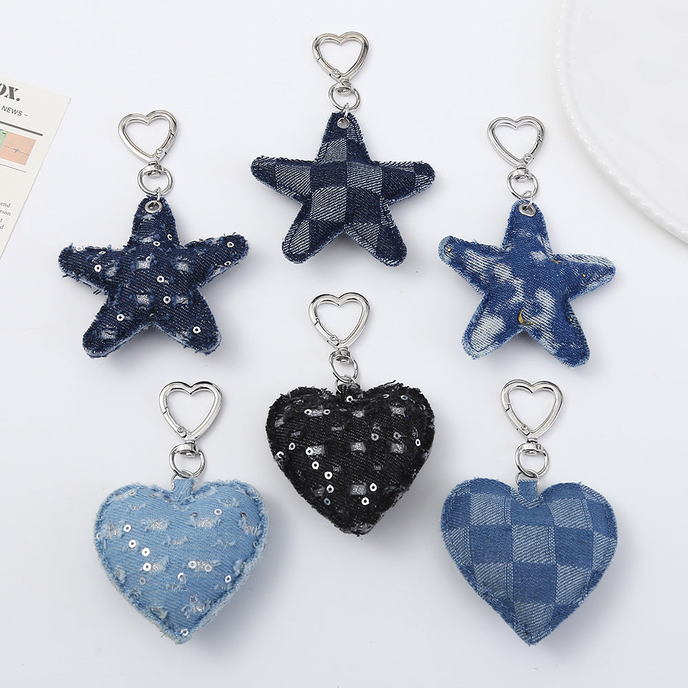 Heart Shape Christmas Key Chain Bag Charm In Denim Material, Perfect Holiday Accessory