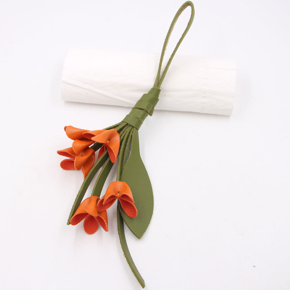 Handmade Knitted White Flower Key Chain In PU Leather, Stylish And Durable Accessory