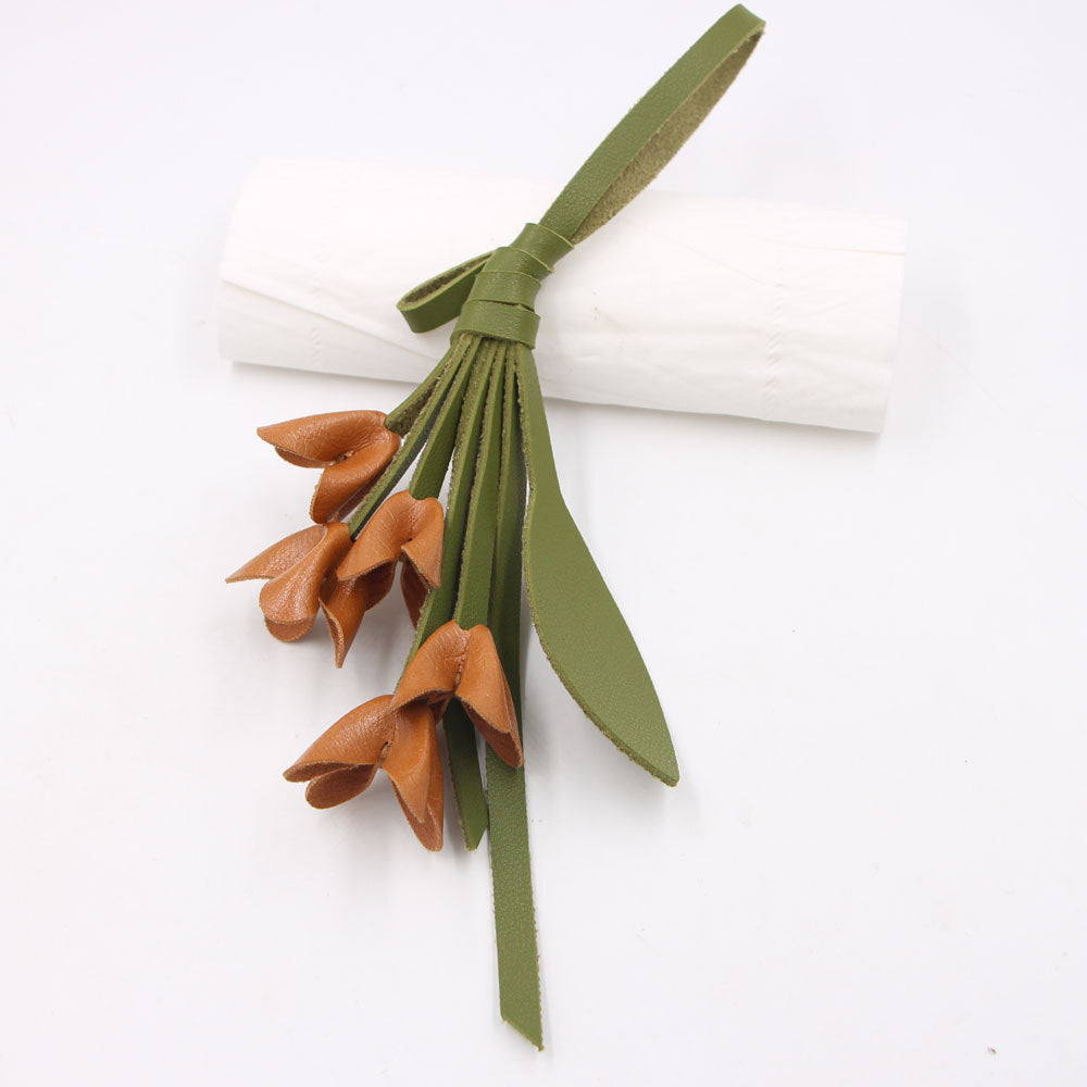 Handmade Knitted White Flower Key Chain In PU Leather, Stylish And Durable Accessory