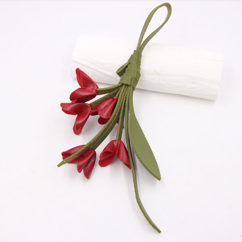 Handmade Knitted White Flower Key Chain In PU Leather, Stylish And Durable Accessory