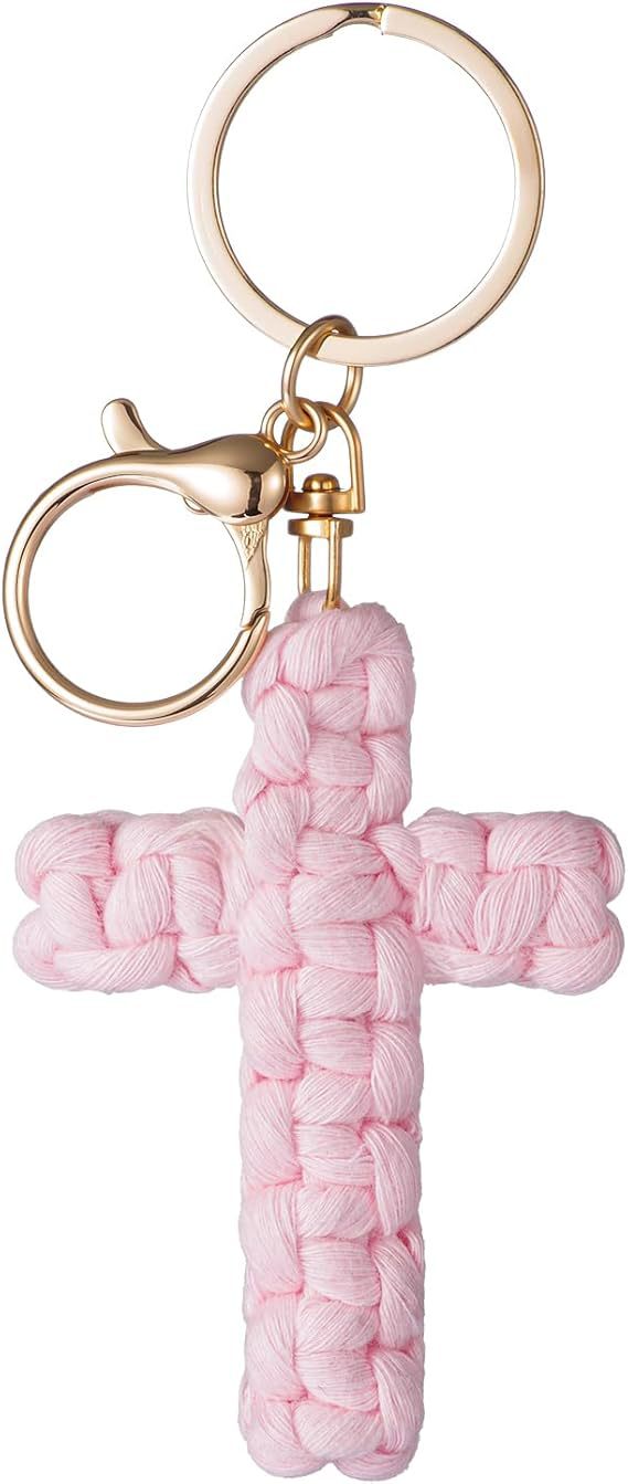 Bohemian Cotton Braid Cross Key Chain In Natural Pink With Soft Texture