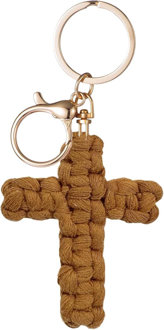 Bohemian Cotton Braid Cross Key Chain In Natural Pink With Soft Texture