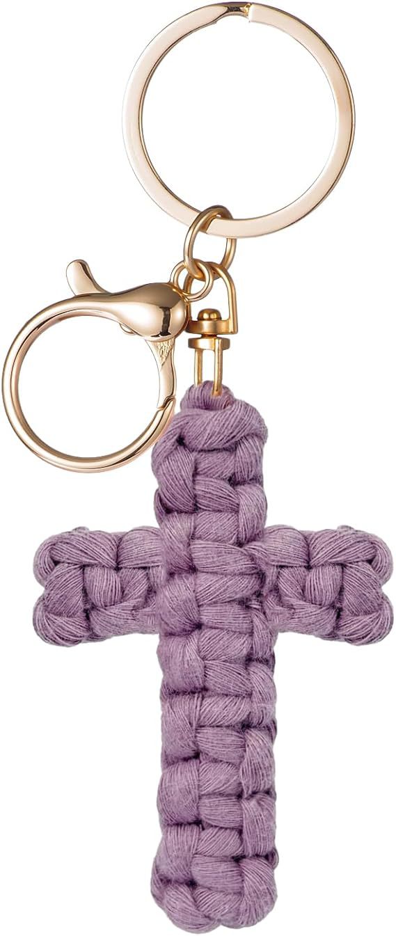 Bohemian Cotton Braid Cross Key Chain In Natural Pink With Soft Texture