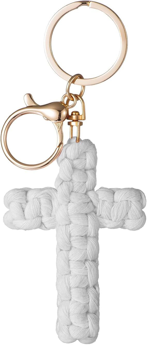 Bohemian Cotton Braid Cross Key Chain In Natural Pink With Soft Texture