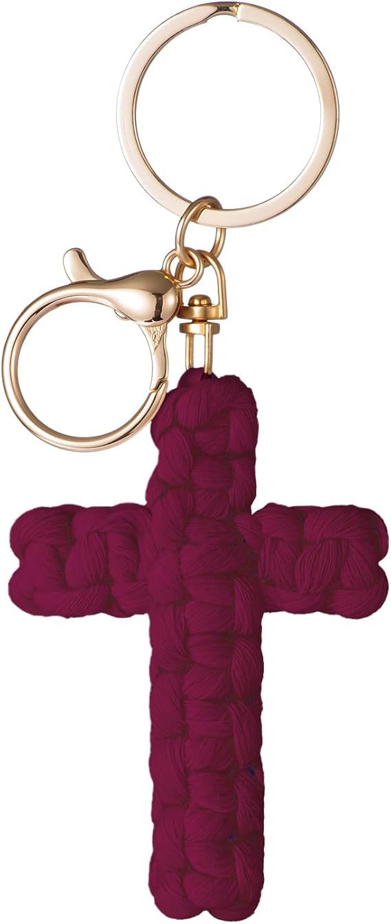 Bohemian Cotton Braid Cross Key Chain In Natural Pink With Soft Texture