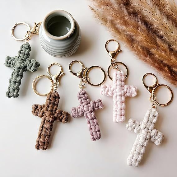 Bohemian Cotton Braid Cross Key Chain In Natural Pink With Soft Texture
