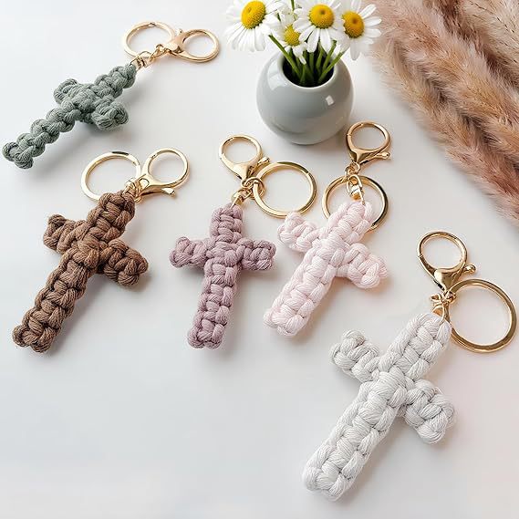 Bohemian Cotton Braid Cross Key Chain In Natural Pink With Soft Texture