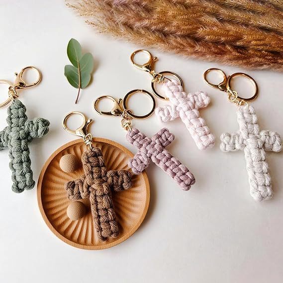 Bohemian Cotton Braid Cross Key Chain In Natural Pink With Soft Texture