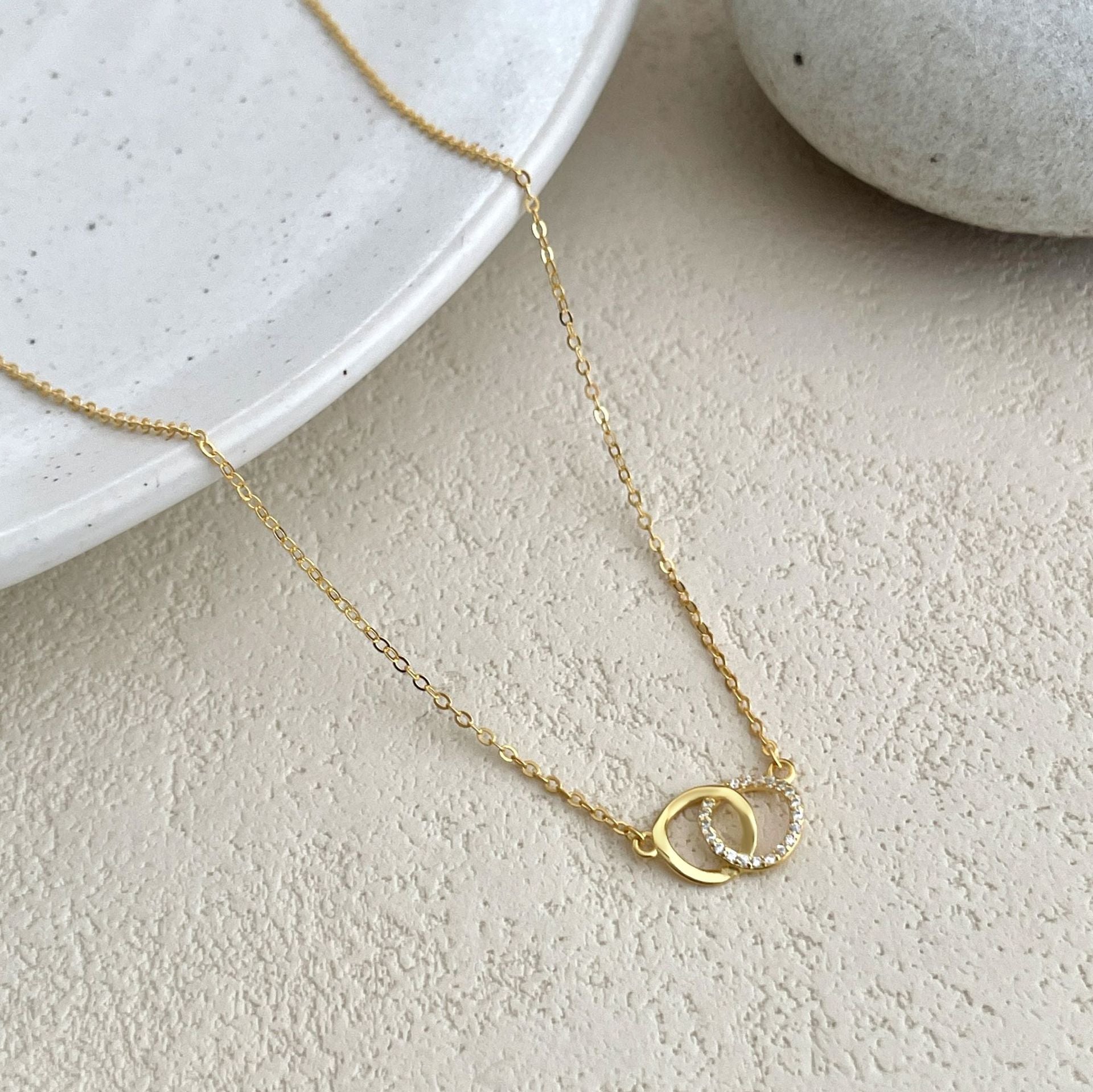 Double Ring Necklace For Women In 18K Real Gold Plated 925 Sterling Silver With Cable Chain