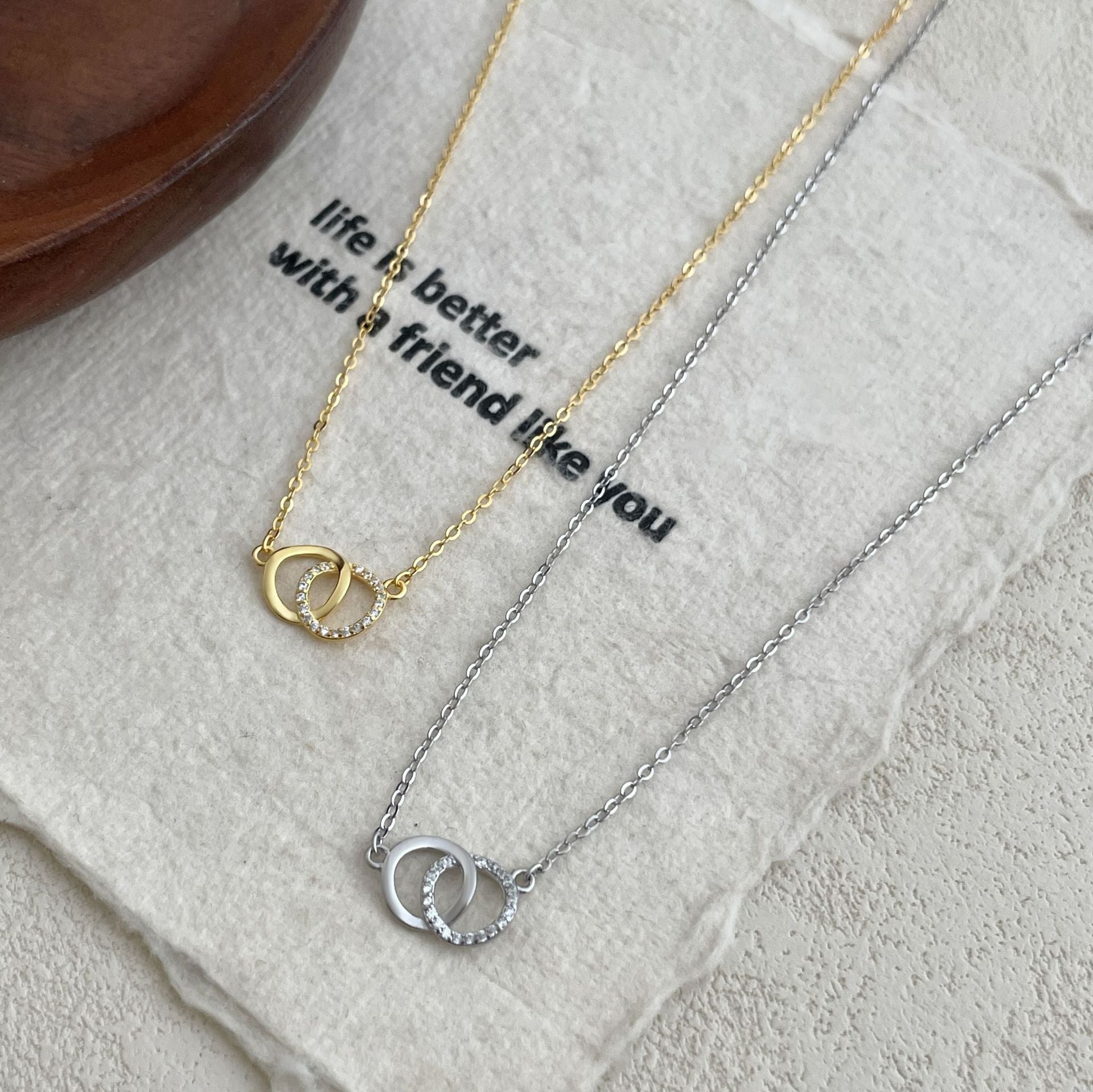 Double Ring Necklace For Women In 18K Real Gold Plated 925 Sterling Silver With Cable Chain