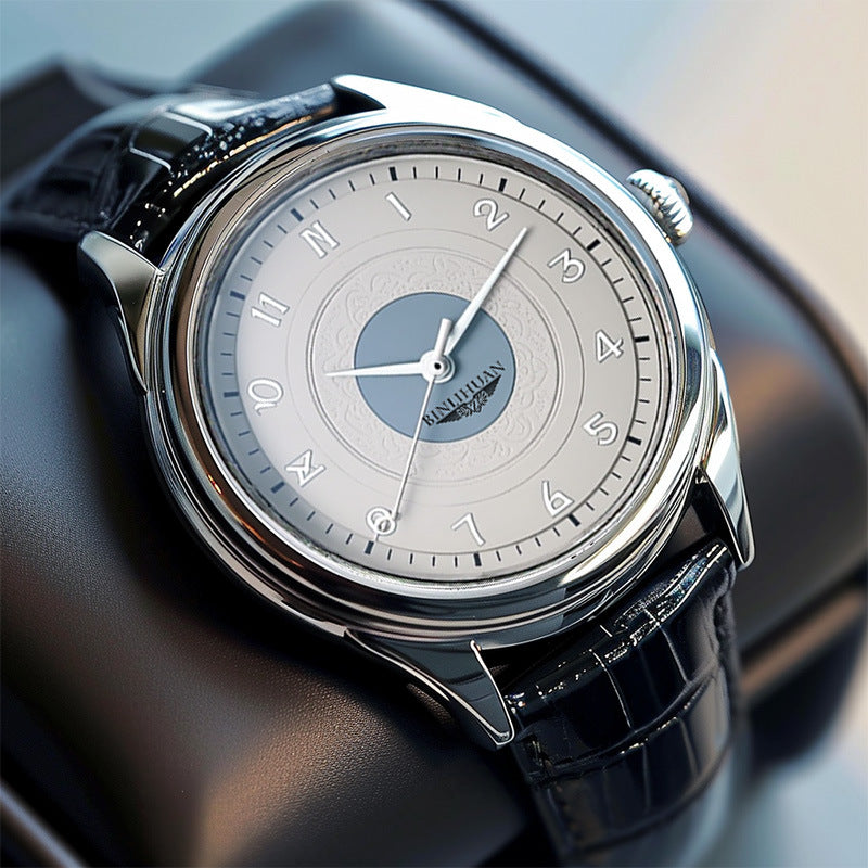Men's Quartz Watch With Round Dial And Quartz Glass Mirror, Featuring Imitation Leather Strap And Pin Buckle