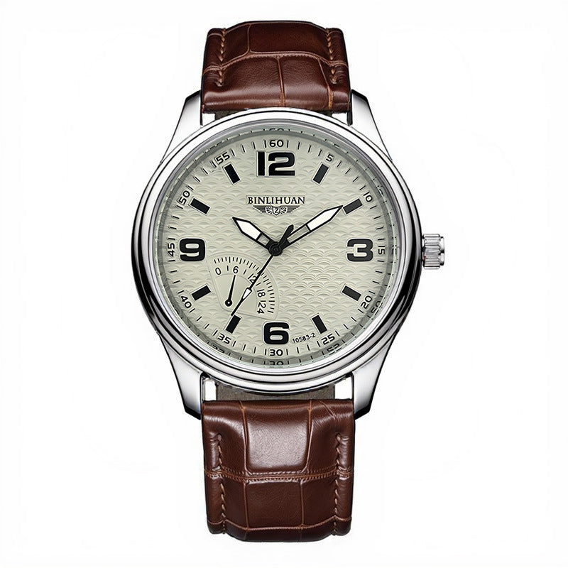 Men's Quartz Watch With Round Dial And Quartz Glass Mirror Featuring Imitation Leather Strap And Pin Buckle