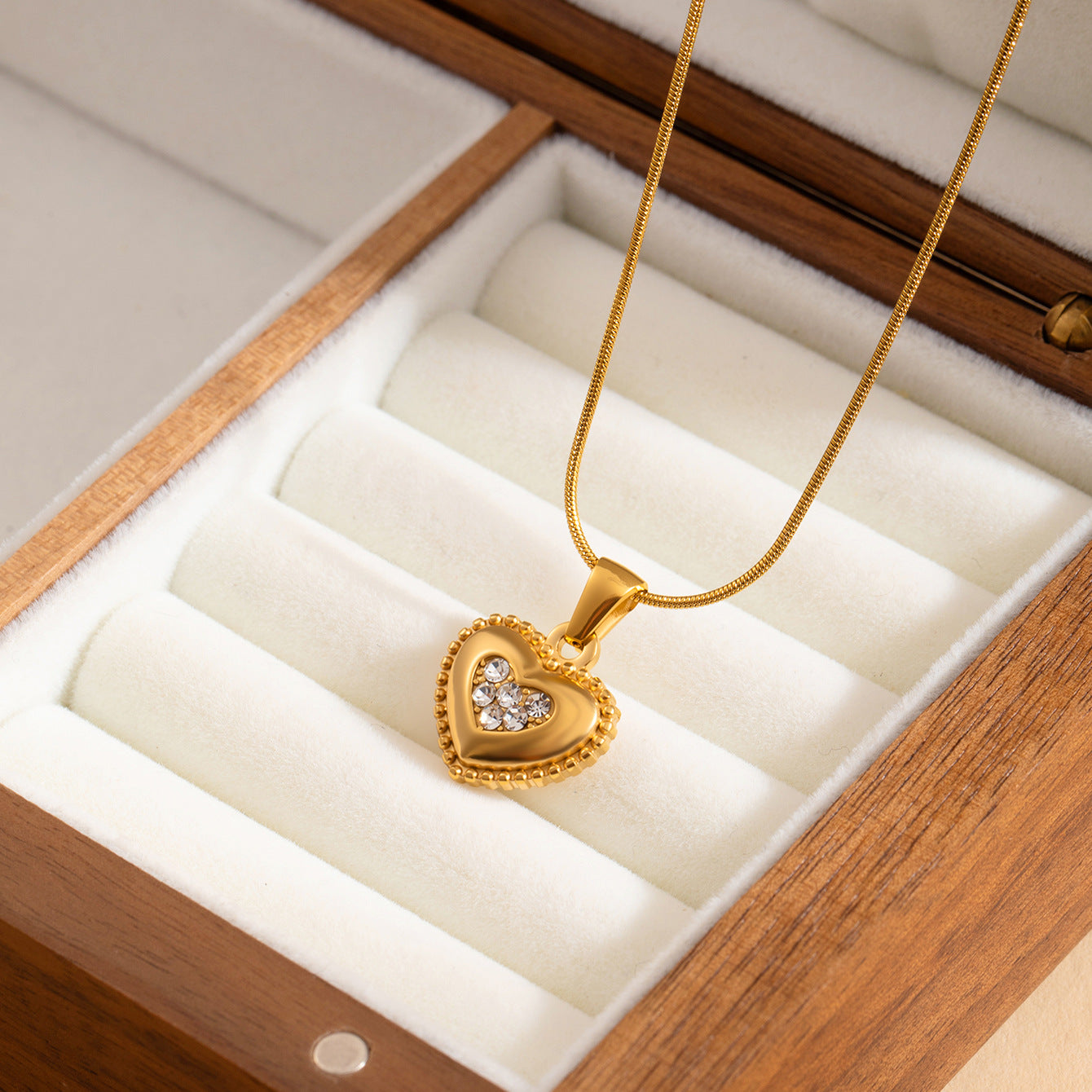 Heart Shape Necklace For Women, 304 Stainless Steel 18K Gold PVD Coated With Zircon Inlay And Snake Chain