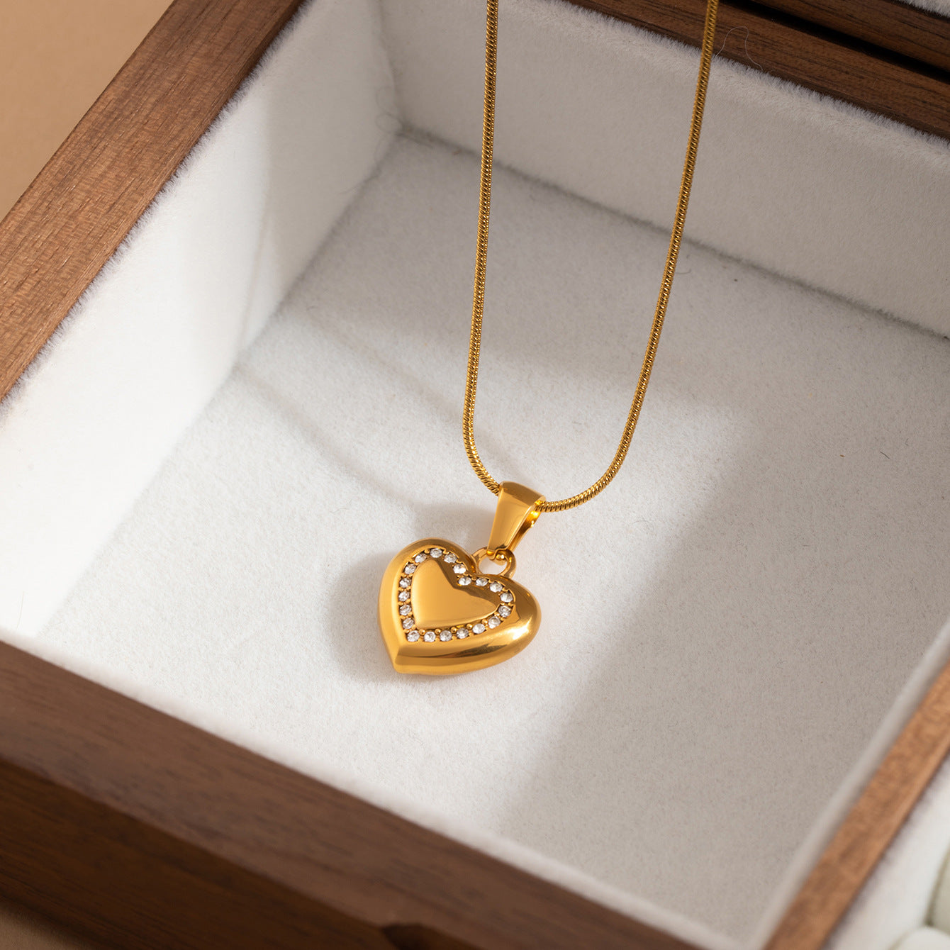 Heart Shape Necklace For Women, 304 Stainless Steel 18K Gold PVD Coated With Zircon Inlay And Snake Chain