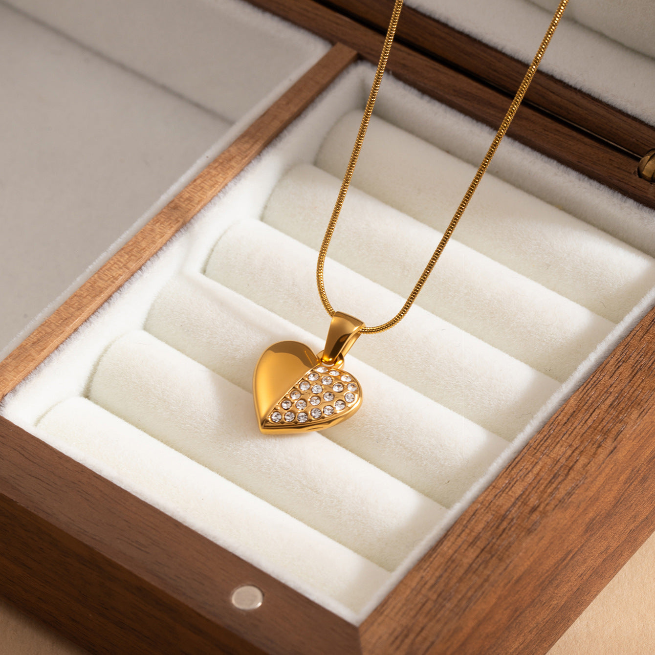 Heart Shape Necklace For Women, 304 Stainless Steel 18K Gold PVD Coated With Zircon Inlay And Snake Chain
