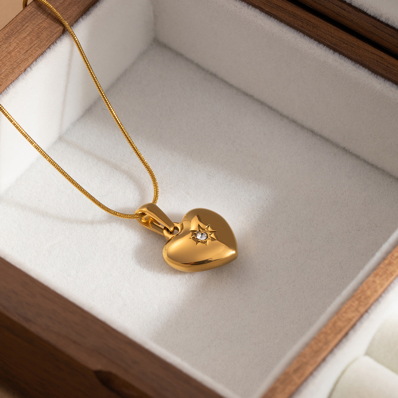 Heart Shape Necklace For Women, 304 Stainless Steel 18K Gold PVD Coated With Zircon Inlay And Snake Chain