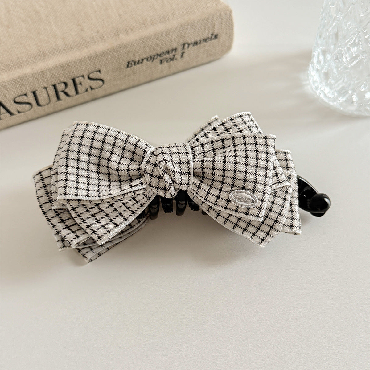 French Style Plaid Hairpin For Women In Beige, Featuring Cloth Material Hair Accessories