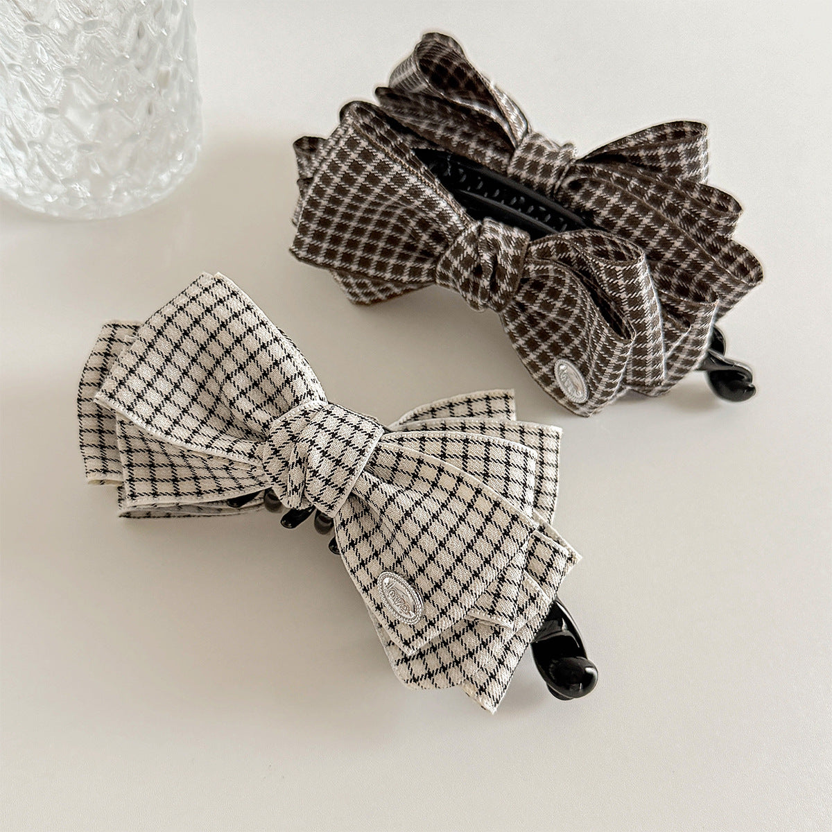 French Style Plaid Hairpin For Women In Beige, Featuring Cloth Material Hair Accessories