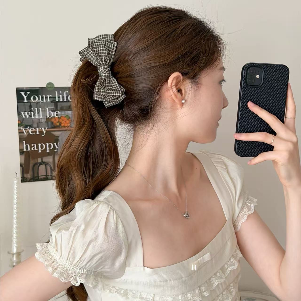 French Style Plaid Hairpin For Women In Beige, Featuring Cloth Material Hair Accessories