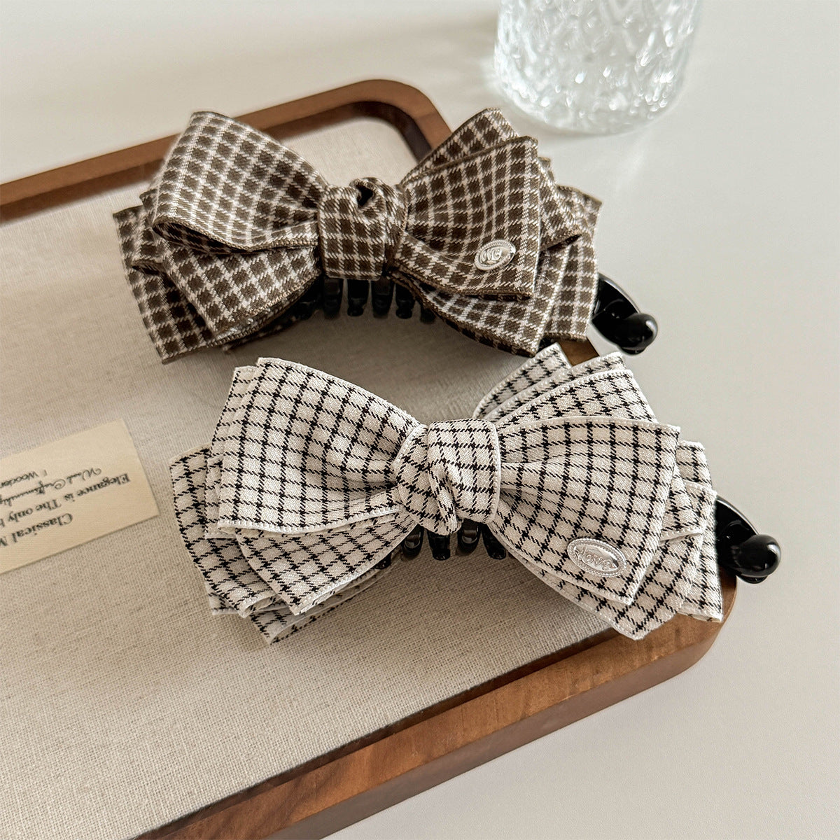 French Style Plaid Hairpin For Women In Beige, Featuring Cloth Material Hair Accessories