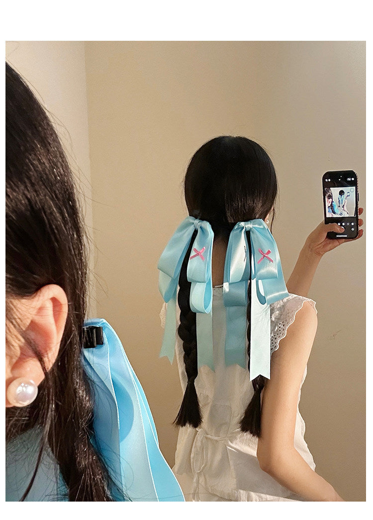 Lolita Style Bow Tie Hairpin For Women In Blue Satin, 1 Piece Hair Accessory