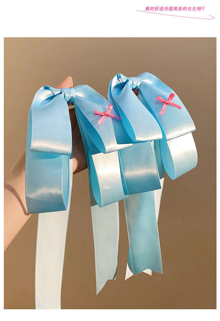 Lolita Style Bow Tie Hairpin For Women In Blue Satin, 1 Piece Hair Accessory