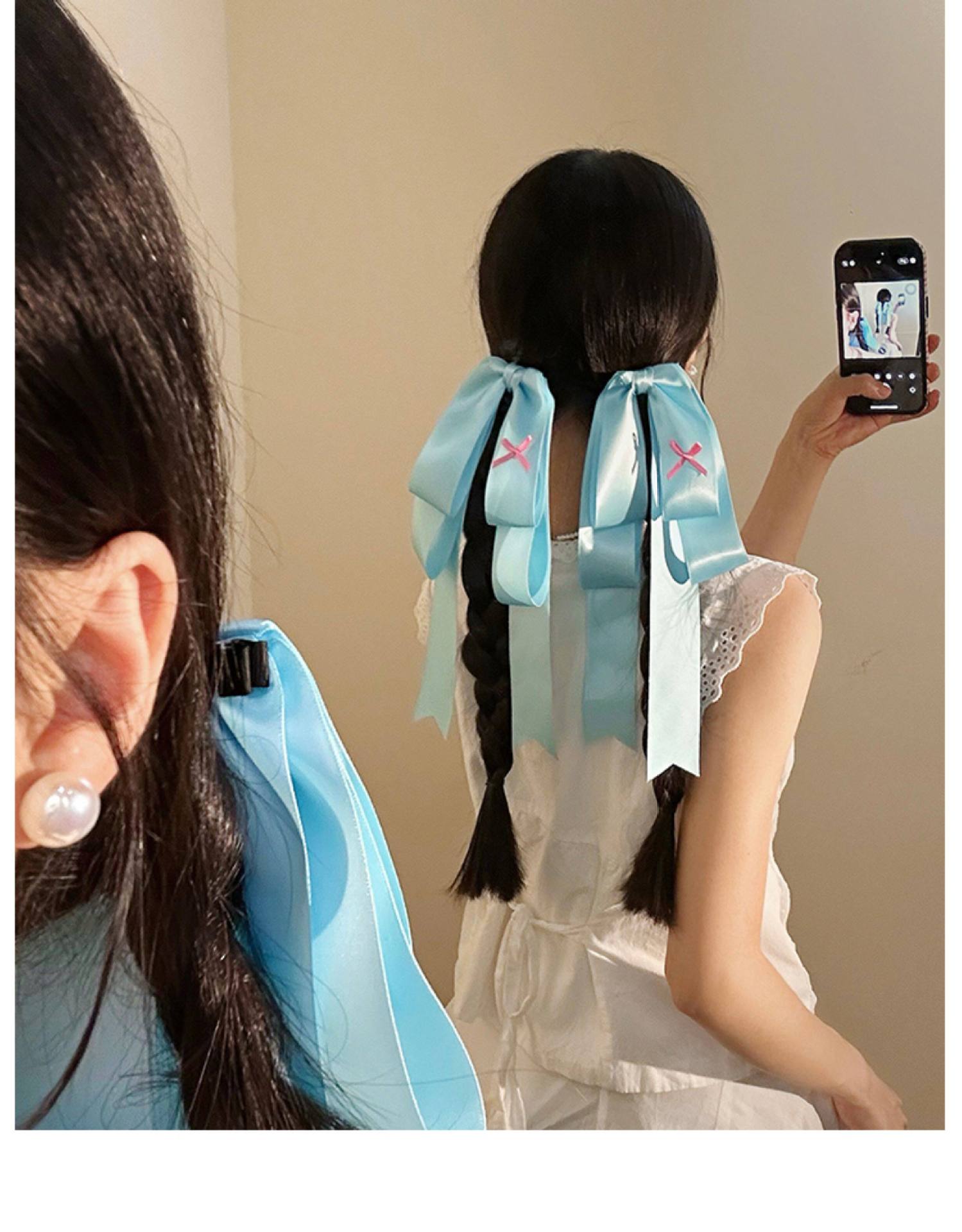 Lolita Style Bow Tie Hairpin For Women In Blue Satin, 1 Piece Hair Accessory