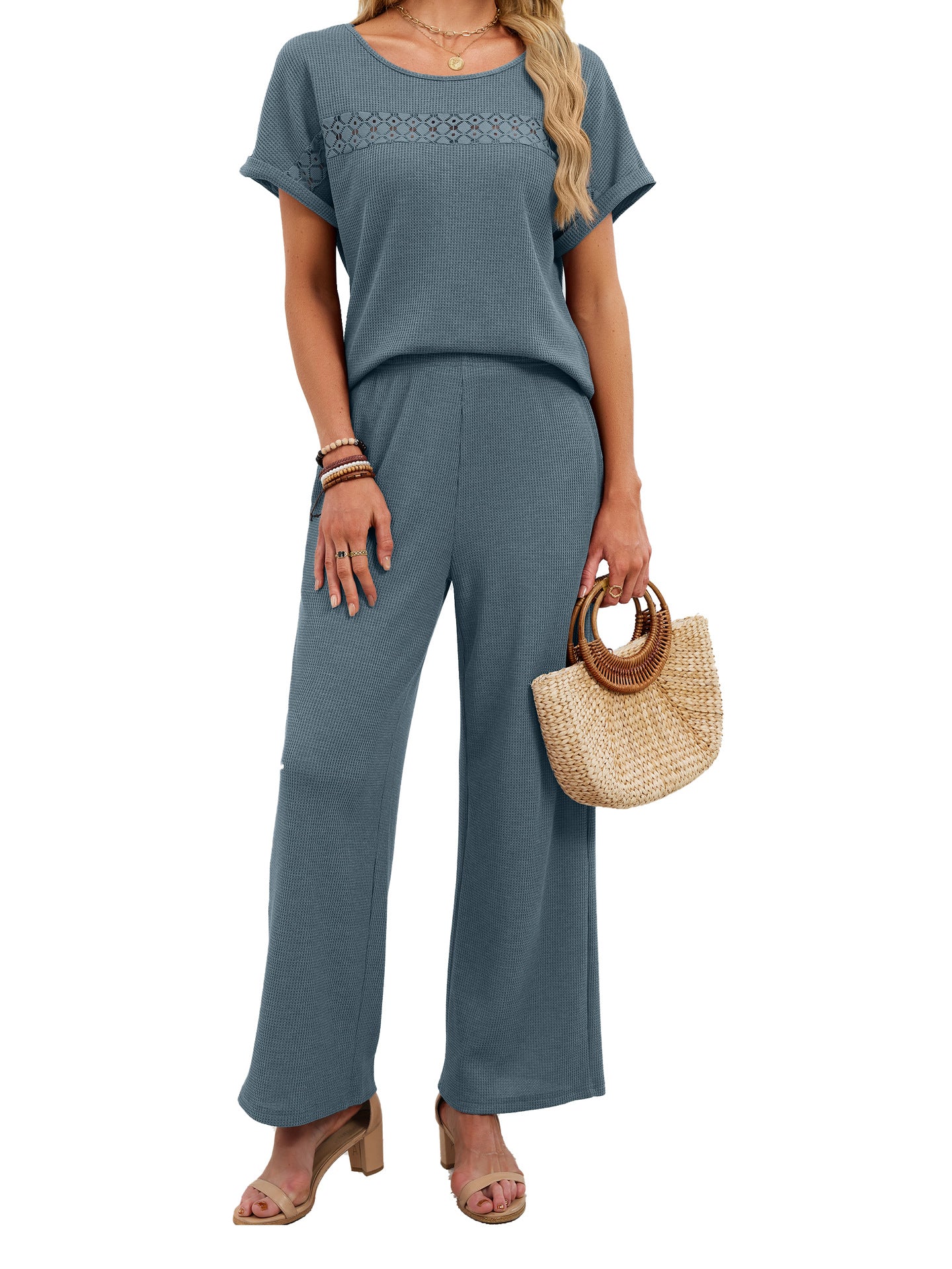 Solid Color Casual Short Sleeve T-shirt Co-ord Set In Cotton Polyester With Lace Detail And Round Neck