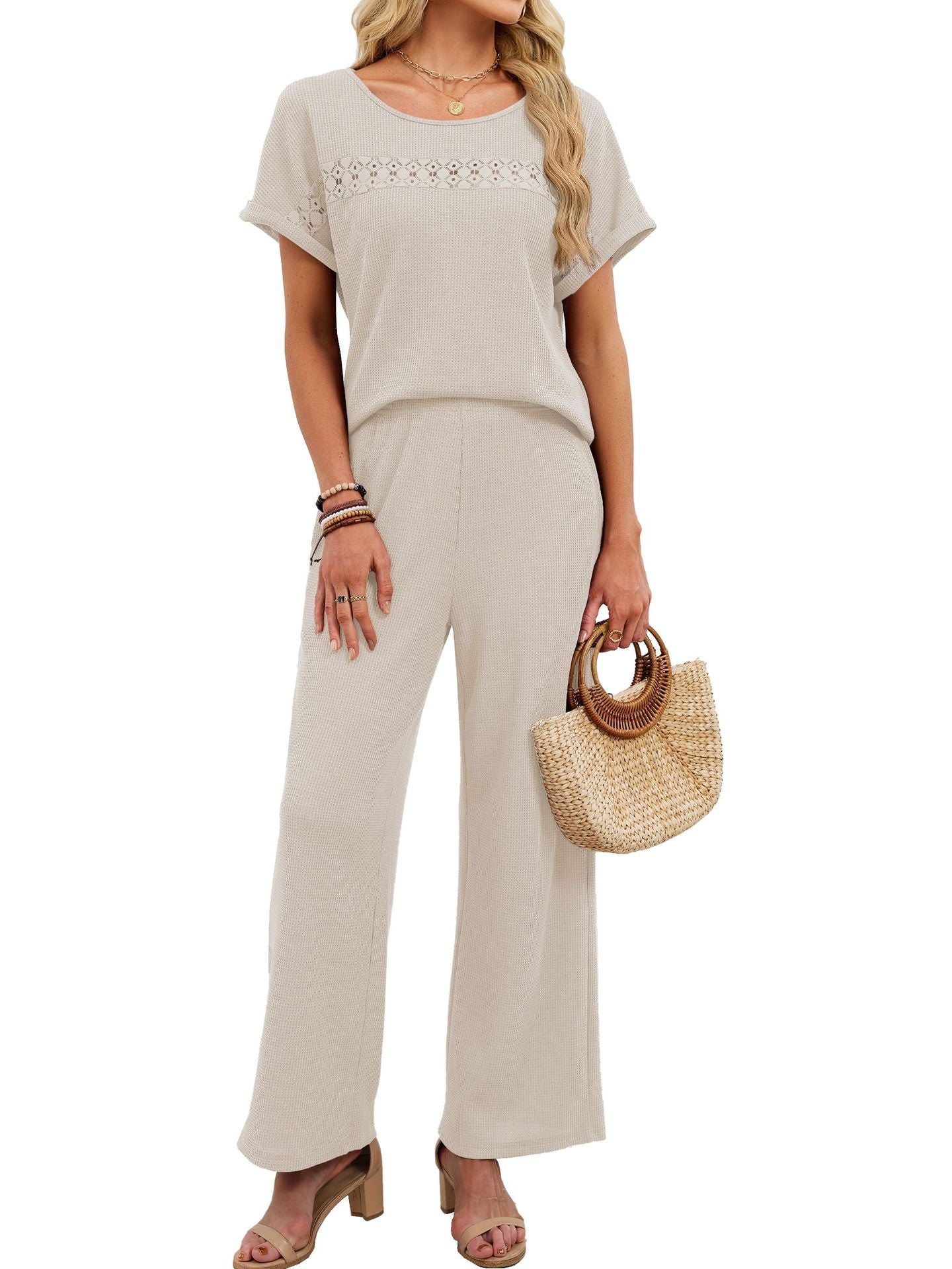 Solid Color Casual Short Sleeve T-shirt Co-ord Set In Cotton Polyester With Lace Detail And Round Neck