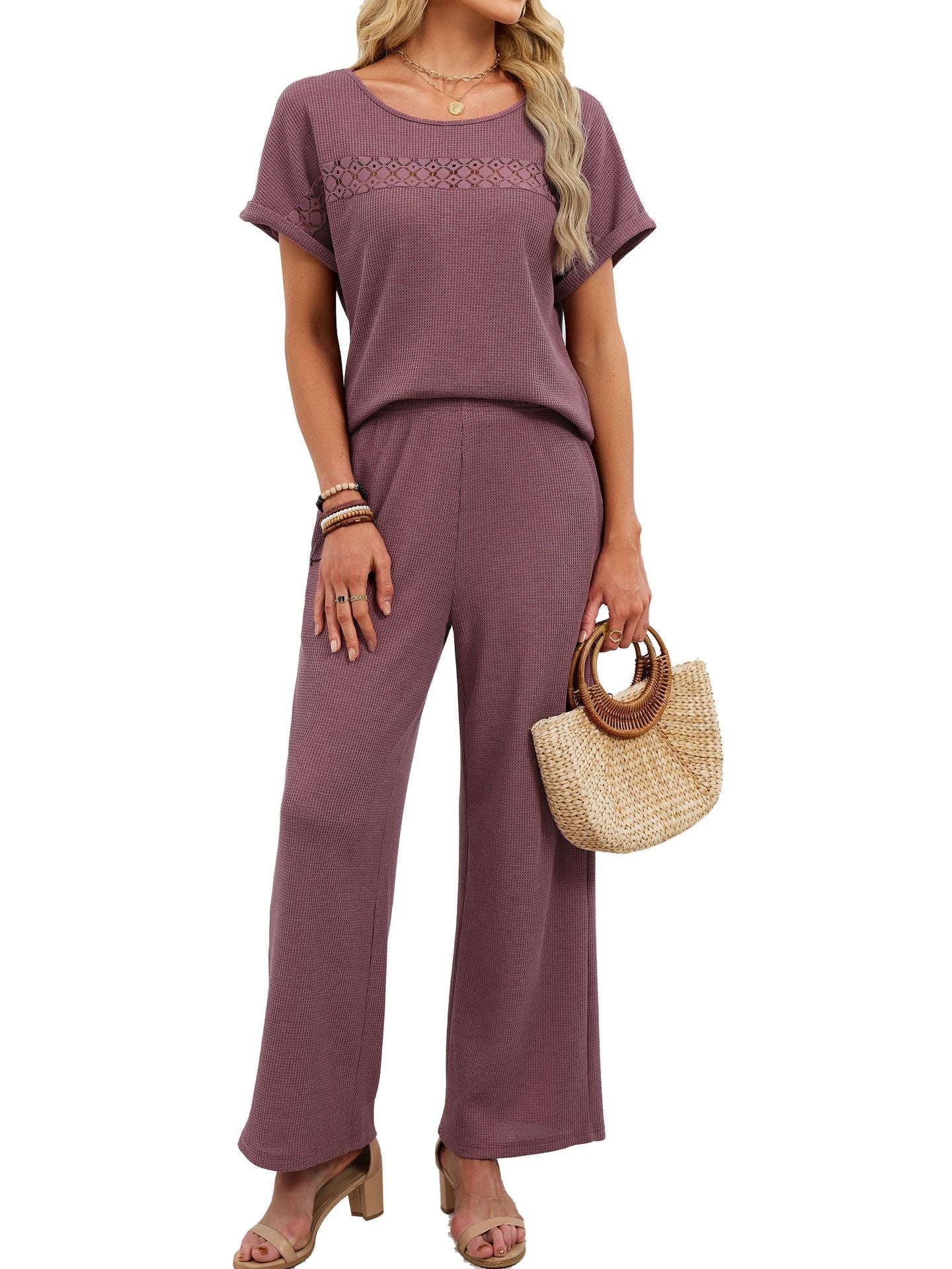 Solid Color Casual Short Sleeve T-shirt Co-ord Set In Cotton Polyester With Lace Detail And Round Neck